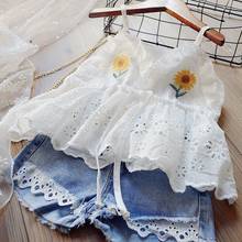 2 Pcs Kids Girls Suit Set Sunflower Embroidery V-Neck Sleeveless Shirt Tops Denim Shorts Summer Girls Children's Sets 2024 - buy cheap