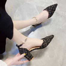 2021 Spring Women Dress Shoes Costume Tweed Ankle Strap Sandals High Heels Pearls Pumps Pointed Toe Gold lattice sandalias 9005N 2024 - buy cheap