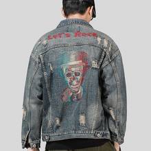 Harjuka New Brand Embroidery Hole Ripped Men Denim Jackets Single Breasted Long Sleeve Fashion Casual Loose Male Outerwear Coats 2024 - buy cheap