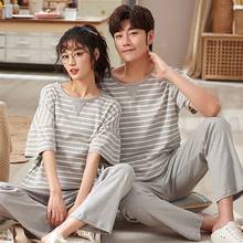 2021 Summer Couples Casual Striped Cotton Pajama Sets for Men Short Sleeve Long Pants Sleepwear Suit Women Homewear Home Clothes 2024 - buy cheap