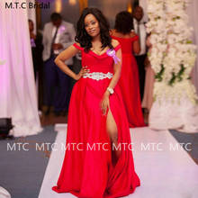 Vermelho 2021 longo vestidos de dama de honra fora do ombro lado fenda apliques cetim sul africano vestidos de dama de honra plus size 2024 - compre barato