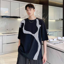 Men's Stripe Splice Japan Korean Loose Short Sleeve T-shirt Harajuku Menswear Male Top Tee Streetwear Hip Hop T Shirts for Man 2024 - buy cheap
