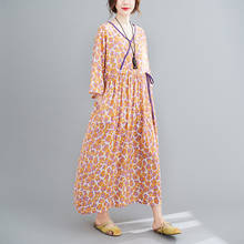 Vestido estampado feminino de verão e outono, vestido casual de linho de algodão para mulheres com manga de três quartos, com cintura fina, novo, 2021 2024 - compre barato