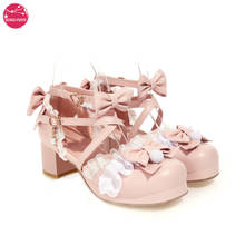 Summer Lolita Shoes Ruffles Pompom Bowknot Lace Bridal Wedding Sandals Women Ankle Strap Chunky High Heel Graduate Evening Party 2024 - buy cheap