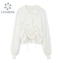 Knit Blouse Lapel Cardigan Lace Up Crop Knitwear Shirt Tops Ladies Elegant Korean Vintage Polo Collar Long Sleeve White Blusas 2024 - buy cheap