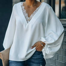 Women's Blouses With Lace V-neck Lantern Sleeve Stitching Solid Loose Blouse Women 2021 Spring Summer Casual Top Female Elegant 2024 - buy cheap