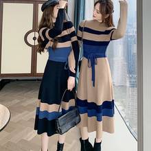 New Arrival Runway Chic Elegant Knitting Sweater Casual Dress Long Sleeve Lace-Up High End Stretch Knit Vintage Stripe Dresses 2024 - buy cheap