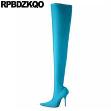 Женские атласные туфли выше колена, синие туфли с острым носком, на высоком каблуке-шпильке, большие размеры 2024 - купить недорого