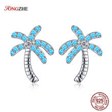 TONGZHE Korean Fashion Women Men Coconut Trees Earrings 925 Sterling Silver Stud Earring Set Blue Luxury Crystal Jewelry 2024 - buy cheap