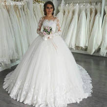 2020 винтажное кружевное свадебное платье с длинным рукавом размера плюс с аппликацией из бисера, свадебное платье с коротким шлейфом, свадебное платье трапециевидной формы 2024 - купить недорого