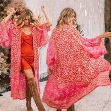Women Retro Boho Ethic Style Floral Loose Lace Up Red Kimono Cardigan Beach Holiday Casual Bathing Bikini Cover Ups 2024 - buy cheap