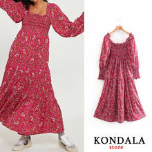 Kondala vestido feminino vintage, estampa floral, vestido com gola suqare, elástico, manga longa, cano médio, 2020 2024 - compre barato