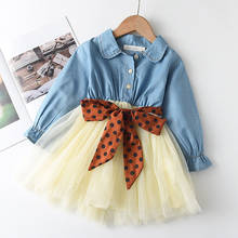 Menoea/Летняя одежда для девочек весеннее стильное детское голубое Сетчатое платье в горошек с длинными рукавами и бантом, 2020 детское платье принцессы 2024 - купить недорого