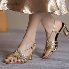 French noble vintage golden high heel sandals summer sheepskin open toe thick heel Roman sandals women 2024 - buy cheap