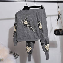 2020 Autumn Winter knit Set Women New Fashion Beading Flower Long sleeve Knitted Sweater + Casual Small Feet Pants Two Piece Set 2024 - buy cheap