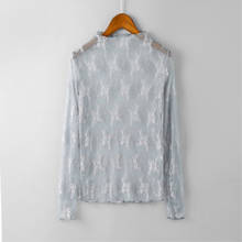 Camisa feminina renda blusa malha transparente, camisa feminina manga comprida listrada branca dd8098 2024 - compre barato