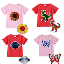 Verão meninas t-shirts roupas 1 pçs magia lantejoulas mudança gráfico dinossauro algodão crianças casual moda t camisa crianças topos t 2024 - compre barato