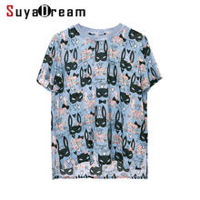 Блузка SuyaDream женская из 100% натурального шелка, блузка с принтом в виде кошек, рубашка с круглым вырезом, летняя рубашка с коротким рукавом розового и синего цвета, 2020 2024 - купить недорого
