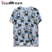 SuyaDream Women Blouse 100% REAL SILK Crepe Cats Print Blouse Shirt O neck 2022 Summer Short Sleeved Shirt Pink Blue 2024 - buy cheap