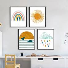 Arte da parede dos desenhos animados do tempo quadros sol arco-íris chuva nordic lona cartazes e cópias para sala de estar quarto corredor decoração 2024 - compre barato