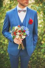 Custome Homme Blue Notch Lapel Wedding Suits For Men Blazer Slim Fit Jacket+Pant+Bowtie+Vest 2 Buttons Tuxedos Formal Men Suits 2024 - buy cheap