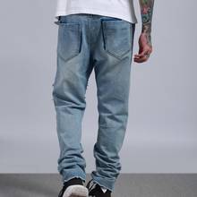 Модные мужские длинные джинсовые штаны, винтажные потертые джинсы с широкими штанинами, уличные джинсы в стиле хип-хоп, потертые байкерские... 2024 - купить недорого