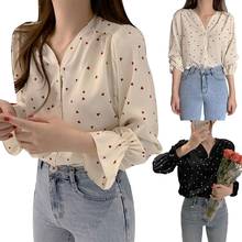 Fashion Women Heart Long Sleeve V Neck Button Up Chiffon Loose Blouse Top Shirt 2024 - buy cheap