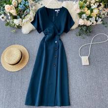 2020 Summer Spring Womens mid calf Dress Satin Soft short sleeves Buttons V neck Slim Elegant Dresses Solid  Vestidos Femme 2024 - buy cheap