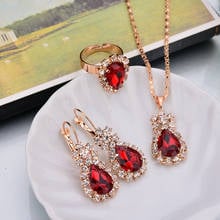 4pcs Ladies Jewelry Sets Pendant Necklace Hoop Earrings Water Drop Earrings Red Rhinestones Women Rings 2024 - buy cheap