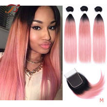 2/3 Bundles With 4x4 Lace Closure Ombre Hot Pink Rose Golden Straight Pre-Colored Remy Human Hair Extensions BOBBI COLLECTION 2024 - buy cheap
