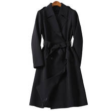Gabardina negra para mujer, abrigo largo entallado con doble botonadura para mujer, abrigo largo de moda para mujer 2024 - compra barato