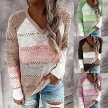 2020 Sweater Women Loose Pullover Sweater Autumn Winter V Neck Pullover Strip Color-matching Hollow Long Sleeves Sweater 2024 - buy cheap