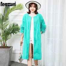 nerazzurri Winter Faux Fur Coat Women with 3/4 Sleeve Fox Fur Cuff Drop Shoulder Green Long Fluffy Jacket Korean Fashion 2021 2024 - buy cheap