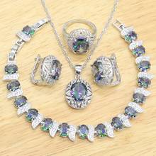 Oval Rainbow Topaz 925 Silver Jewelry Sets For Women Wedding Bracelet Necklace Pendant Hoop Earrings Ring Birthday Gift 2024 - buy cheap