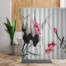 Китайские чернильные занавески для душа с рисунком лотоса, цветов, бамбука, рыбы, декор для ванной комнаты, водонепроницаемая ткань с принтом, занавеска для ванны и крючок 2024 - купить недорого