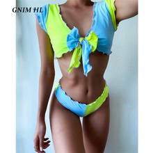 GNIM Ruffle Bikini Set 2020 Sexy Patchwork Bow Swimsuit Women 2 Pieces High Waist Woman Swimwear New Fashion Beach Swimming Suit 2024 - buy cheap