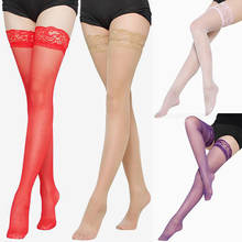 Medias sexys de encaje transparente para mujer, medias altas hasta el muslo, color rosa, morado y rojo, 1 par 2024 - compra barato