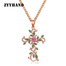ZYYHAND Women Rose-Gold Cross Pendant Necklace Lady Ribbon AAAA Zircon Cloisonne Drop Oil Cross Chain Cirrus Necklaces 2024 - buy cheap