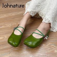 Johnature-zapatos planos de piel auténtica para mujer, zapatillas femeninas con banda elástica y punta cuadrada, zapatos de ocio hechos a mano para primavera y verano, 2021 2024 - compra barato