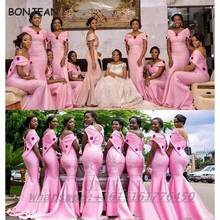 2021 Pink Bridesmaid Dresses Mermaid Off-The-Shoulder Elastic Satin Floor Length South African Bridesmaid Dress Party Dress 2024 - buy cheap