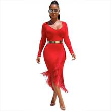 Celebrity New Arrival Red Black Brown Long Sleeves Tassels Bandage Dress Sexy Bodycon Party Wear Vintage Vestios Bandagem 2024 - buy cheap