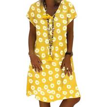 2021 verão floral estampado vestido feminino com decote em v manga curta solta midi vestidos tamanhos grandes praia casual boho vestido amarelo 2024 - compre barato