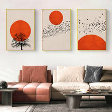 Abstract Orange Red Sunset with Tree Birds Vintage Poster Canvas Painting Wall Art Print Picture Living Room Interior Home Decor 2024 - buy cheap