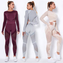 Conjunto de Yoga de punto sin costuras para mujer, camisas de manga larga de Yoga, conjunto de piezas de LeggingsTwo, traje deportivo de Fitness para gimnasio, chándal de entrenamiento, novedad 2024 - compra barato