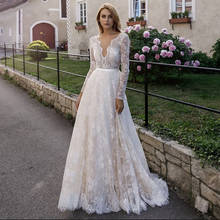 Vestido de boda con cuello en V, manga larga, Apliques de encaje con lentejuelas, fajas, Espalda descubierta, tul, hasta el suelo, tren de barrido, vestidos de novia 2021 2024 - compra barato