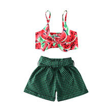 Conjunto de roupas infantil meninas 0-4 anos estampado melancia, sem alças com laço e shorts, 2 peças 2024 - compre barato