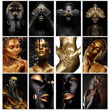 Pintura artes africanas bricolagem 5d preto e ouro mulher pintura diamante mosaico bordado decoração para casa kit de ponto cruz 2024 - compre barato