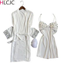 2021 New Spring Summer Women Satin Robe & Gown Sets Sexy Lace Sleep Lounge Sleeveless Nightwear Bathrobe+Night Dress Chest Pads 2024 - buy cheap