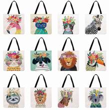 Women Shoulder Bag  Linen Febric Casual Tote Cute Animal In Flower Printied Tote Bag   Foldable Shopping Bag Reusable Beach Bag 2024 - buy cheap