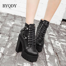 BYQDY-Botas cortas con plataforma alta para mujer, botines de moto con punta redonda, zapatos góticos Punk con cordones, botines de cuero negro de combate, otoño 2024 - compra barato